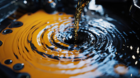 Close-up of oil forming ripples as it pours into the engine bay through a clear funnelの素材