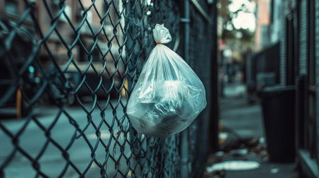 A torn plastic bag hanging from a metal fence in an urban alleywayの素材