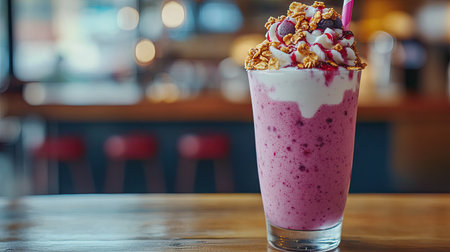 A frosty berry and yogurt smoothie topped with granola, placed on a rustic wooden table in a cafeの素材