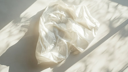 A crumpled white plastic bag with handles lying on a clean surface, casting soft shadowsの素材