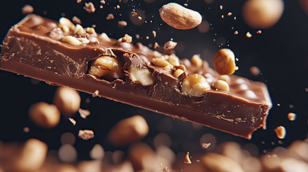 A dynamic close-up of a caramel chocolate bar being snapped in half, nuts falling mid-airの素材