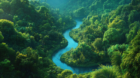 A winding river weaving through a tropical rainforest, surrounded by dense canopy and vibrant greeneryの素材