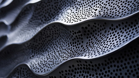 Close-up of perforated dark metal panels with intricate patterns creating a play of light and shadowの素材