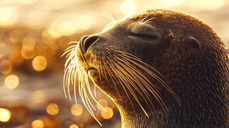 Close-up of a seal's face as it relaxes on a beach, its whiskers highlighted in golden sunlightの素材