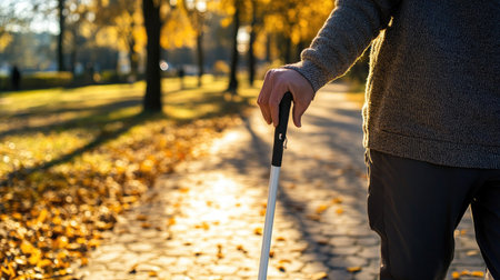 Close-up of a blind man's hand gripping a white cane as he navigates a park pathwayの素材