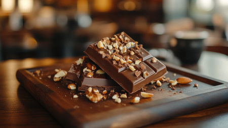 Chocolate bar broken apart with caramel and nuts, styled on a wooden tray with a blurred caf backgroundの素材