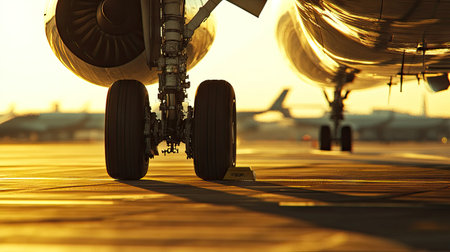Close-up of an airplane's engines and landing gear while parked on a sunlit airport runwayの素材