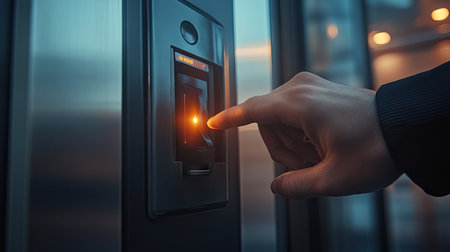 Close-up of a hand pressing a button on a security gate access panel while holding an ID badgeの素材