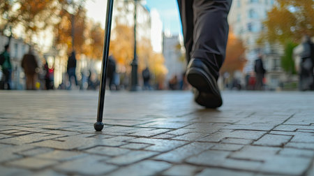 Close-up of a walking stick tapping tactile paving as a blind man walks along a public sidewalkの素材