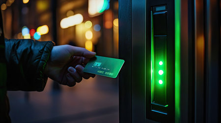 Close-up of a hand holding an access card near a digital reader, with an illuminated green lightの素材