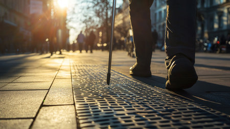 Close-up of a walking stick tapping tactile paving as a blind man walks along a public sidewalkの素材