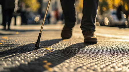 Close-up of a walking stick tapping tactile paving as a blind man walks along a public sidewalkの素材