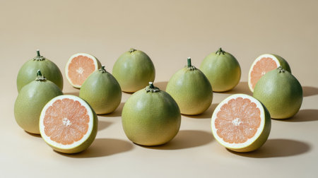 Group of pomelo fruits arranged artistically on a seamless neutral backgroundの素材