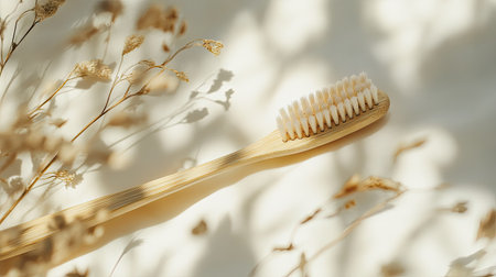 Close-up of the bristles and handle of a bamboo toothbrush against a white, softly lit backdropの素材