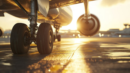 Close-up of an airplane's engines and landing gear while parked on a sunlit airport runwayの素材