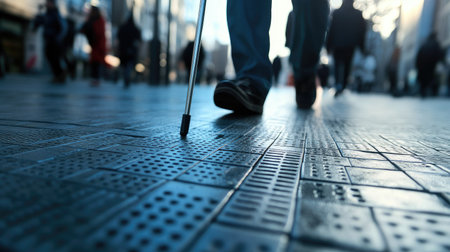Close-up of a walking stick tapping tactile paving as a blind man walks along a public sidewalkの素材