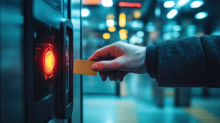 Close-up of a modern card access security system at the entrance gate of an office building, with a hand swiping a badgeの素材