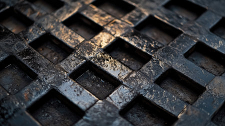 Geometric close-up of dark architectural metal with intersecting lines and soft shadowsの素材
