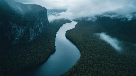 Dramatic aerial view of a winding river flanked by cliffs and dense forest under a moody skyの素材