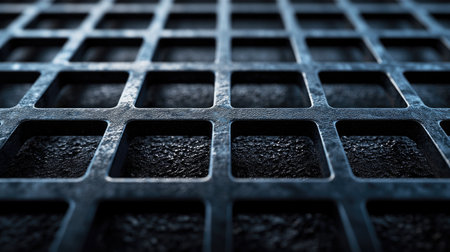 Geometric close-up of dark architectural metal with intersecting lines and soft shadowsの素材