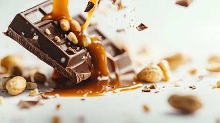 Close-up of a broken chocolate bar with caramel dripping down, with peanuts sprinkled on a clean white surfaceの素材