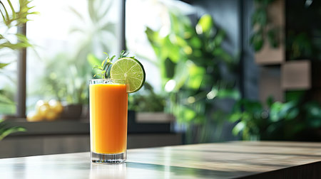 Exotic smoothie drink made with papaya and lime, served in a sleek cafe with natural lightの素材
