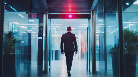 Office worker walking through a security gate after successfully scanning their access cardの素材