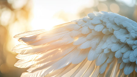 Close-up of intricate feather details on angel wings, with a bright, clear sky in the backgroundの素材