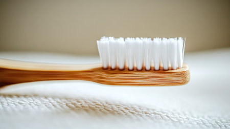 Close-up of the bristles and handle of a bamboo toothbrush against a white, softly lit backdropの素材