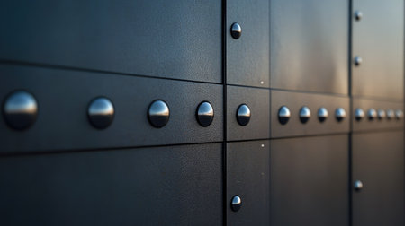 Intricate close-up of dark metal cladding with rivets and polished edges, reflecting sunlightの素材