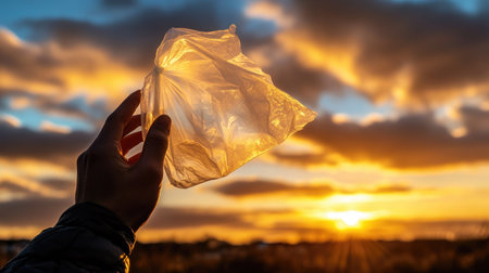 Plastic bag being held by a hand, silhouetted against a sunset skyの素材