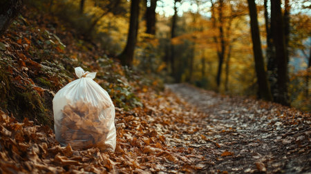 Plastic bag filled with dry leaves on a forest trail during autumnの素材