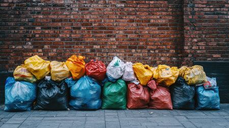 Plastic garbage bags stacked in a row against a brick wall, creating an urban sceneの素材