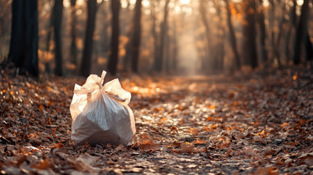Plastic bag filled with dry leaves on a forest trail during autumnの素材