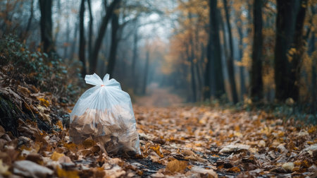 Plastic bag filled with dry leaves on a forest trail during autumnの素材