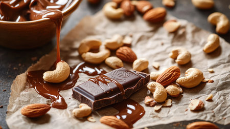 Rich caramel drizzling from a broken chocolate bar, surrounded by cashews and almonds on parchment paperの素材