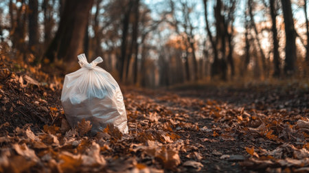 Plastic bag filled with dry leaves on a forest trail during autumnの素材