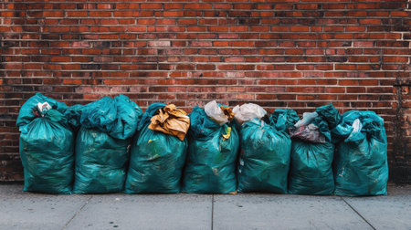 Plastic garbage bags stacked in a row against a brick wall, creating an urban sceneの素材