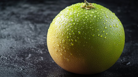 Whole pomelo fruit with droplets of water on its smooth surface, set against a dark backgroundの素材