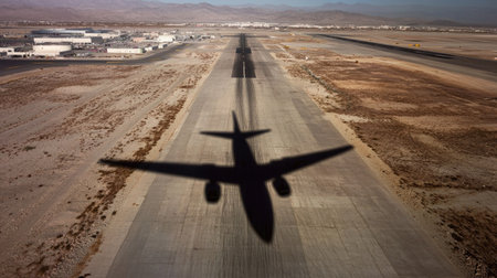 The shadow of an airplane stretching across a sunlit runway as it sits parkedの素材
