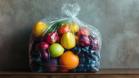 Transparent plastic bag filled with colorful fruits on a wooden table, showcasing vibrancyの素材
