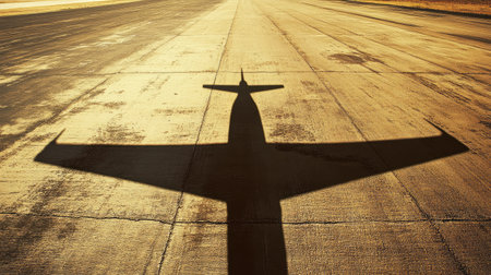 The shadow of an airplane stretching across a sunlit runway as it sits parkedの素材