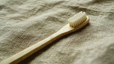 Single bamboo toothbrush angled diagonally on a textured linen fabric background, soft lightingの素材
