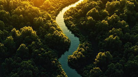 River bending gracefully through a green forest, captured from above with a warm, golden sunset glowの素材