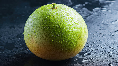 Whole pomelo fruit with droplets of water on its smooth surface, set against a dark backgroundの素材