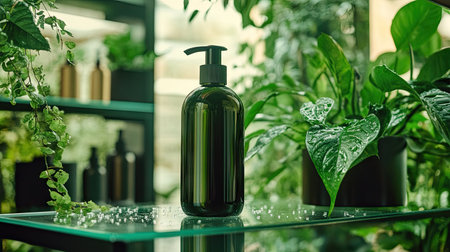 Shampoo bottle on a glass shelf with drops of water and natural plants in the backgroundの素材