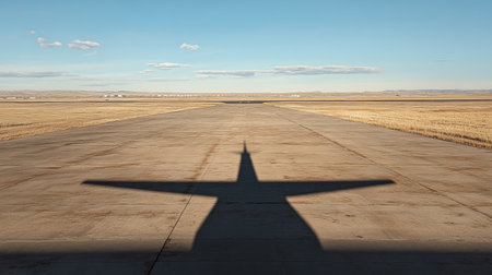The shadow of an airplane stretching across a sunlit runway as it sits parkedの素材
