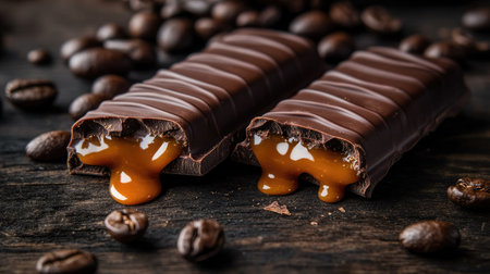 Two halves of a chocolate bar with caramel dripping down, styled on a dark wooden surface with coffee beansの素材