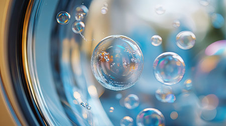 A detailed view of soap bubbles clinging to the glass of a washing machine in motion.の素材