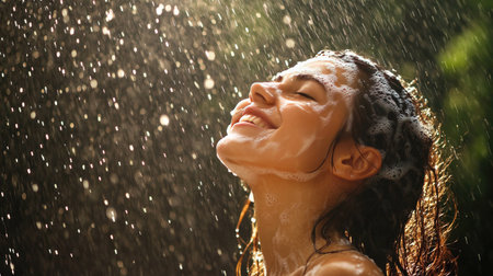 Woman enjoying shampooing her hair under a rain shower, with shampoo foam cascading downの素材